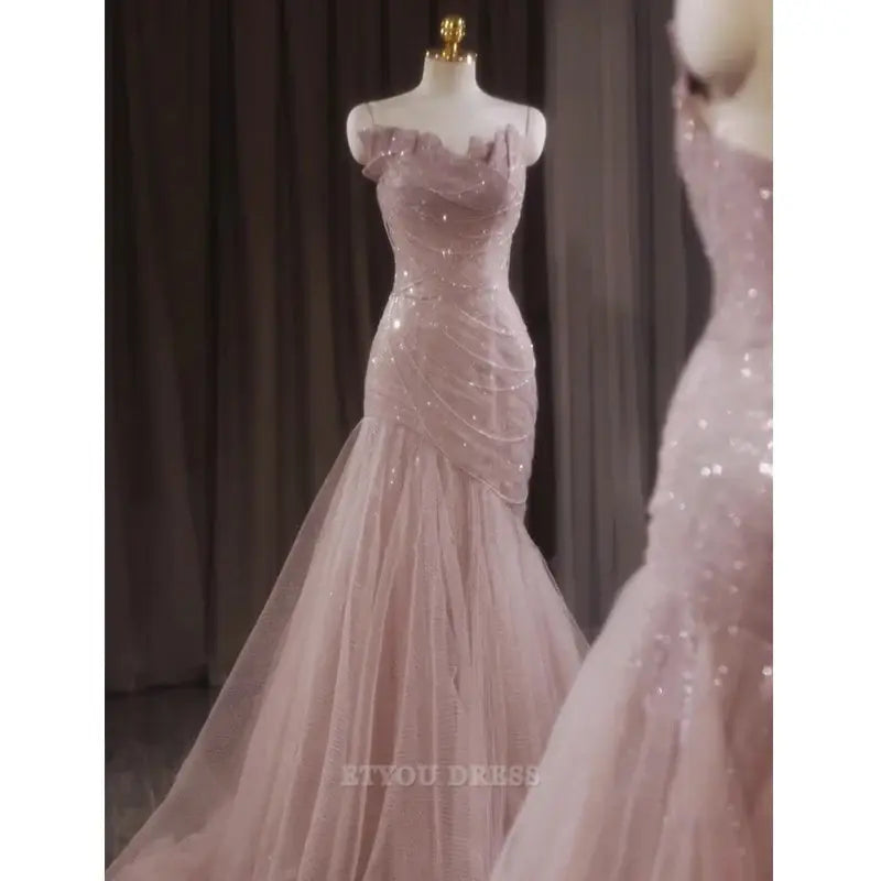 Mermaid Shiny Tulle Pink Prom Dress Fairy Formal formal dresses Bridesmaid Dresses evening gown Prom Dress